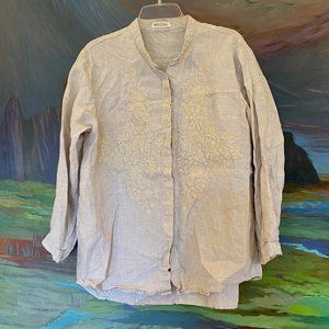 BUYKID 100% Linen Embroidered Beige Long Sleeve Blouse Shirt